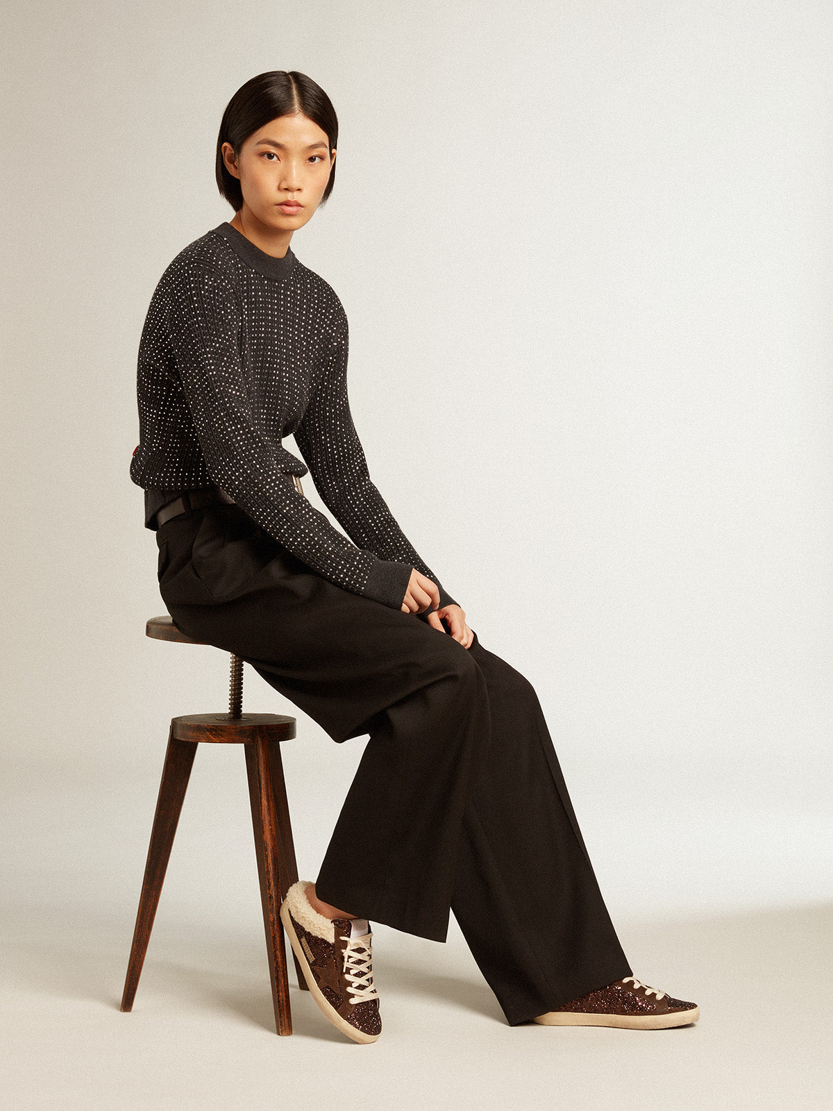 Super-Star Sabots in glitter with brown star and shearling lining| Golden Goose