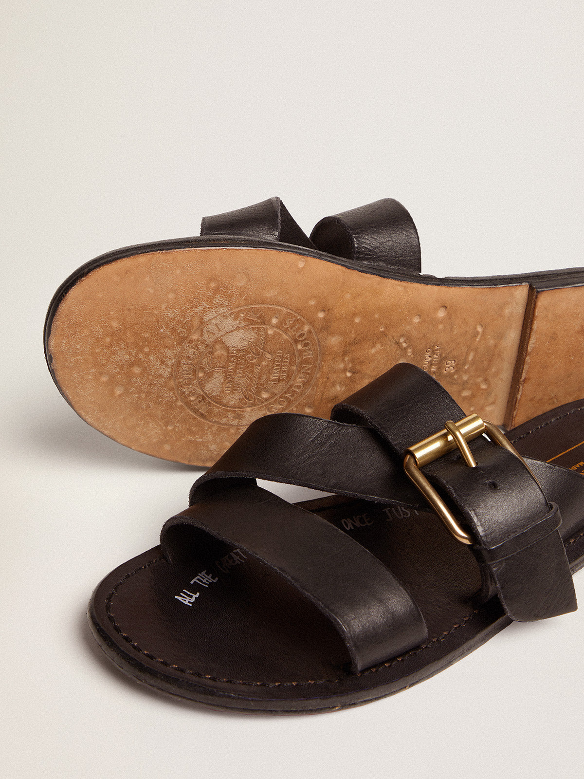 Black leather flat sandals with buckle Margaret| Golden Goose