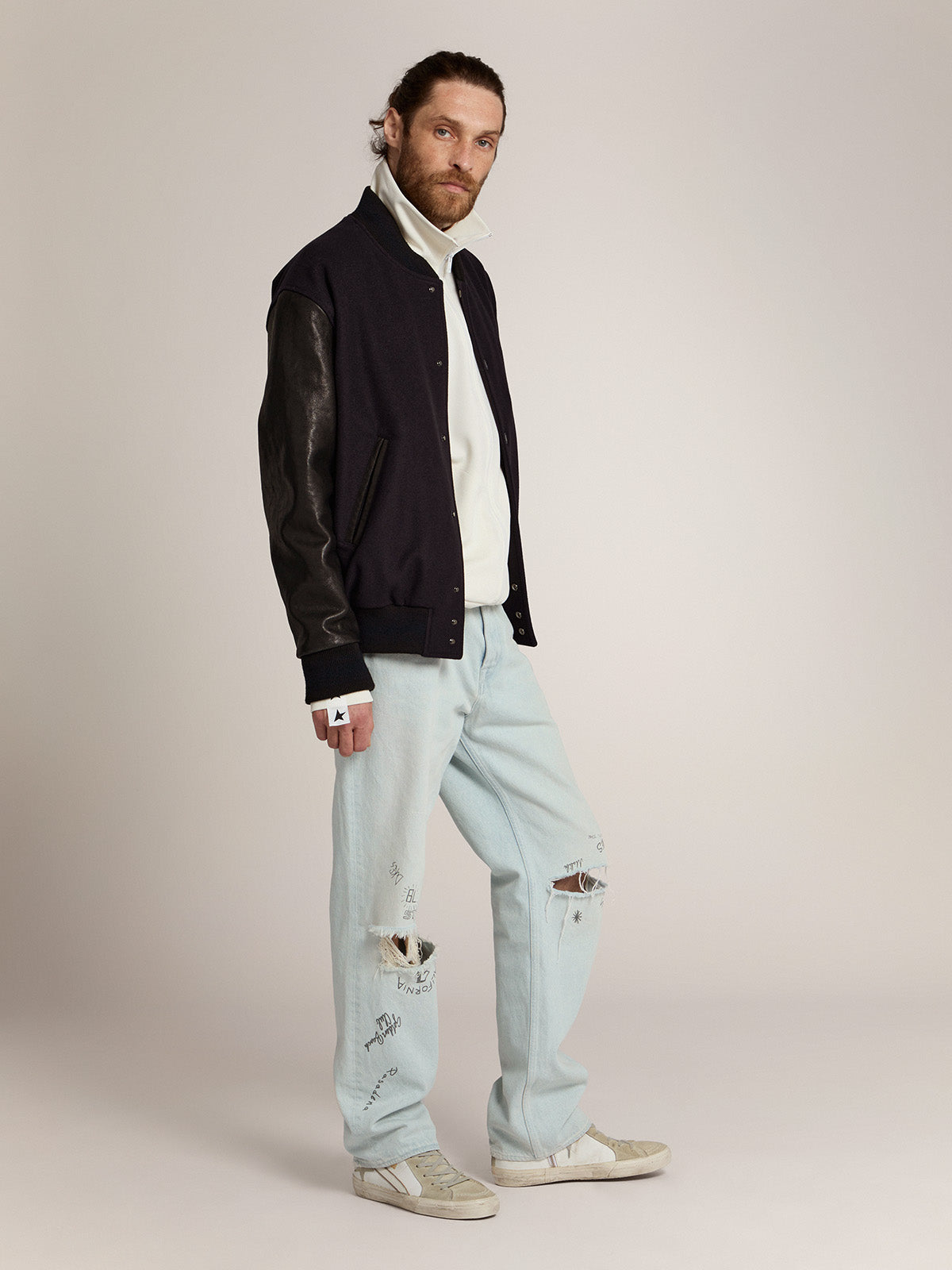 Men's bomber jacker in blue wool and black leather| Golden Goose