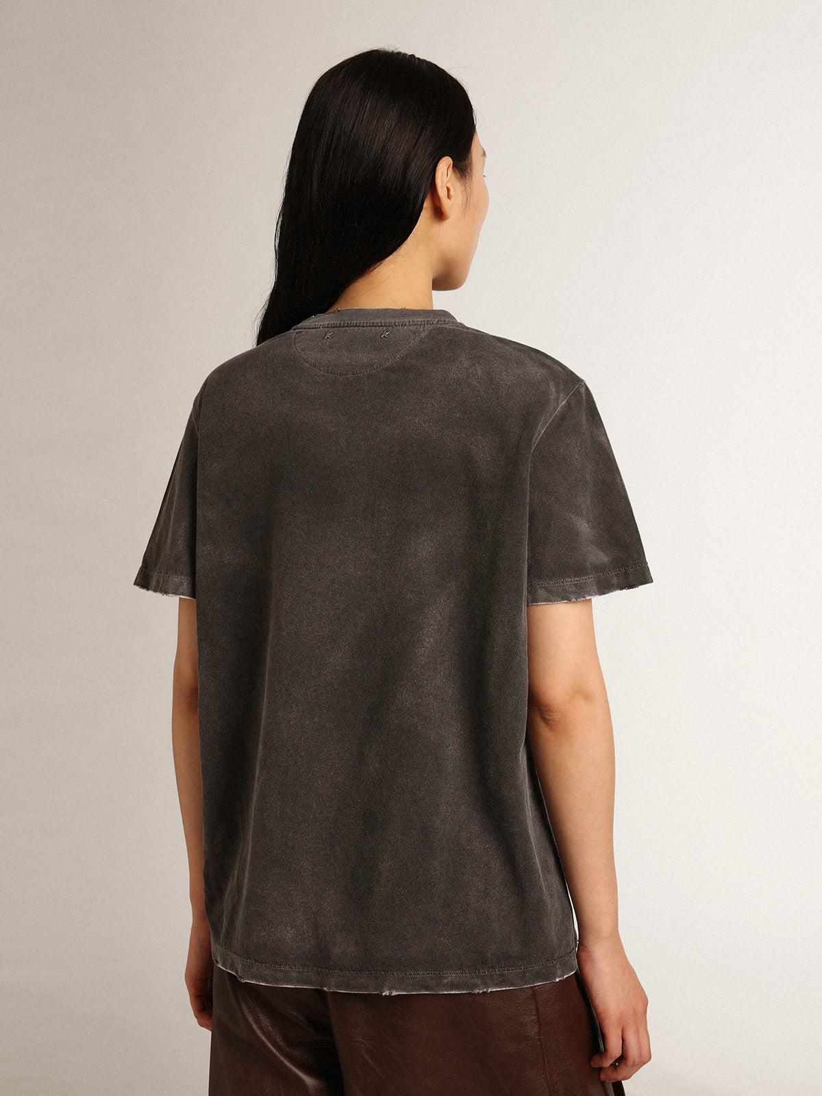 Women's gray T-shirt with print on the front| Golden Goose