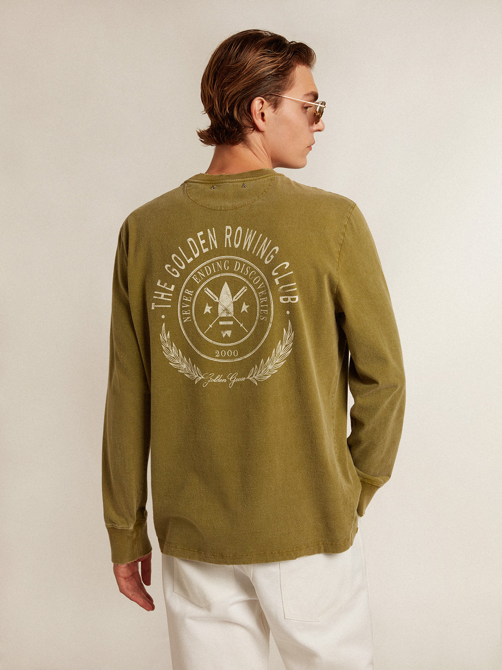 Pesto-green T-shirt with white logo on the front and back| Golden Goose