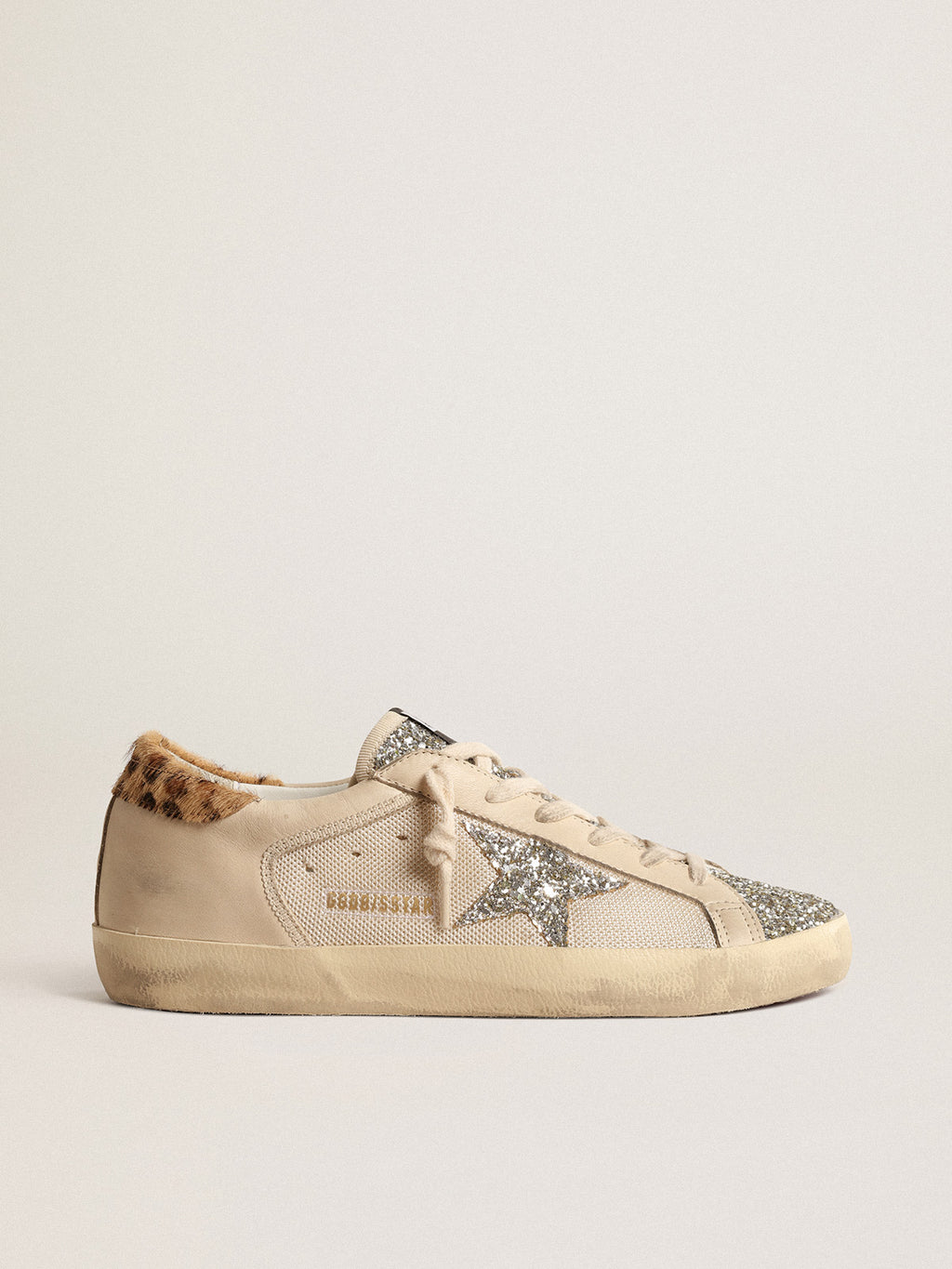 Super-Star in cream mesh with glitter star and leopard heel tab| Golden Goose