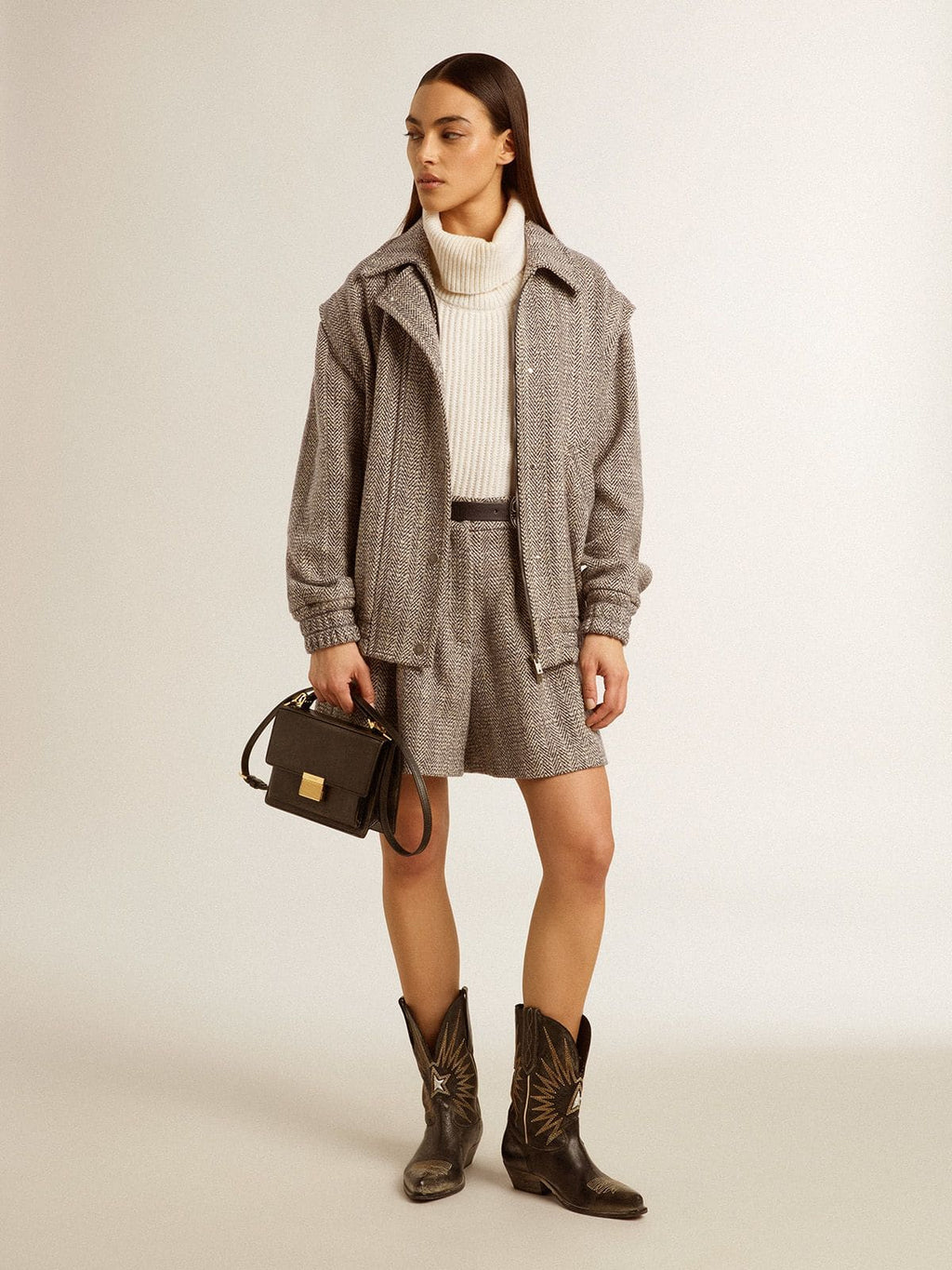 Women's ecru brown shorts in herringbone wool