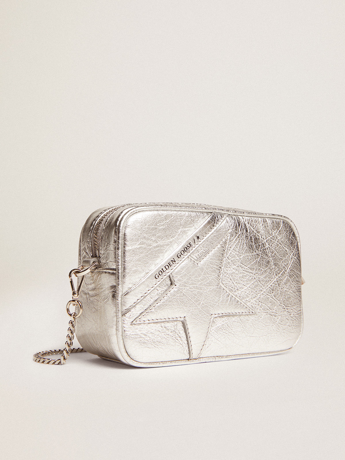 Women's Mini Star Bag in silver laminated leather with tone-on-tone star| Golden Goose