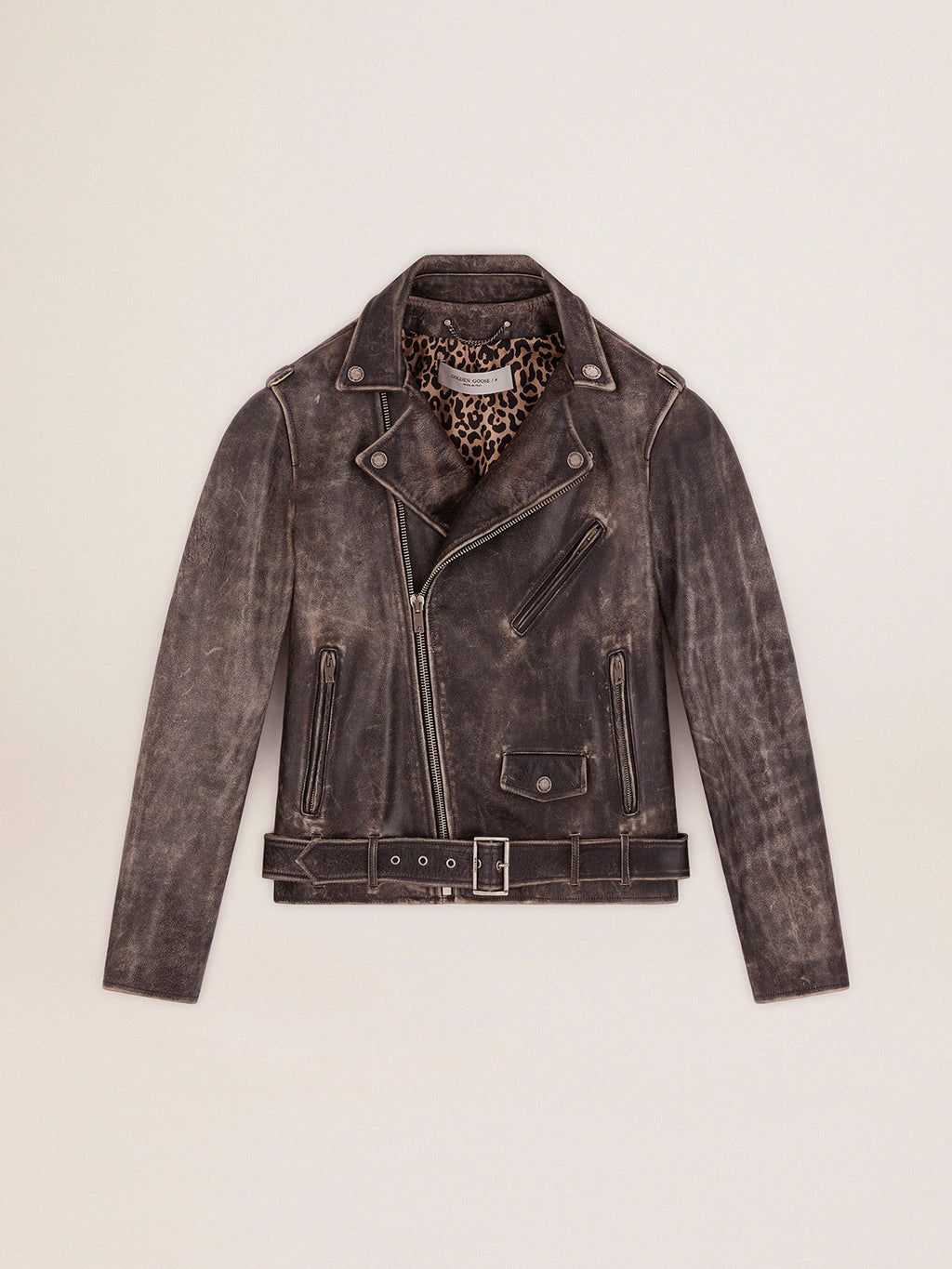 Men's black leather biker jacket| Golden Goose