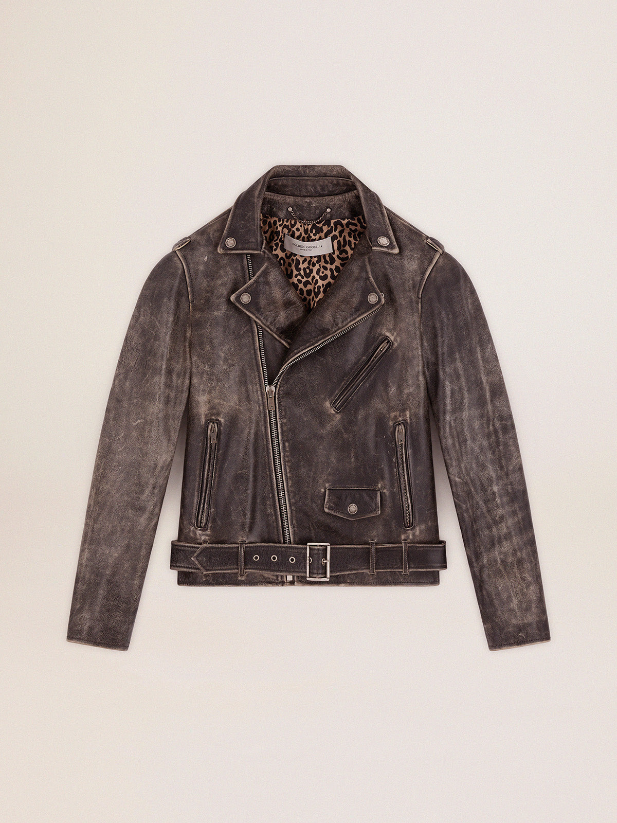 Men's black leather biker jacket| Golden Goose