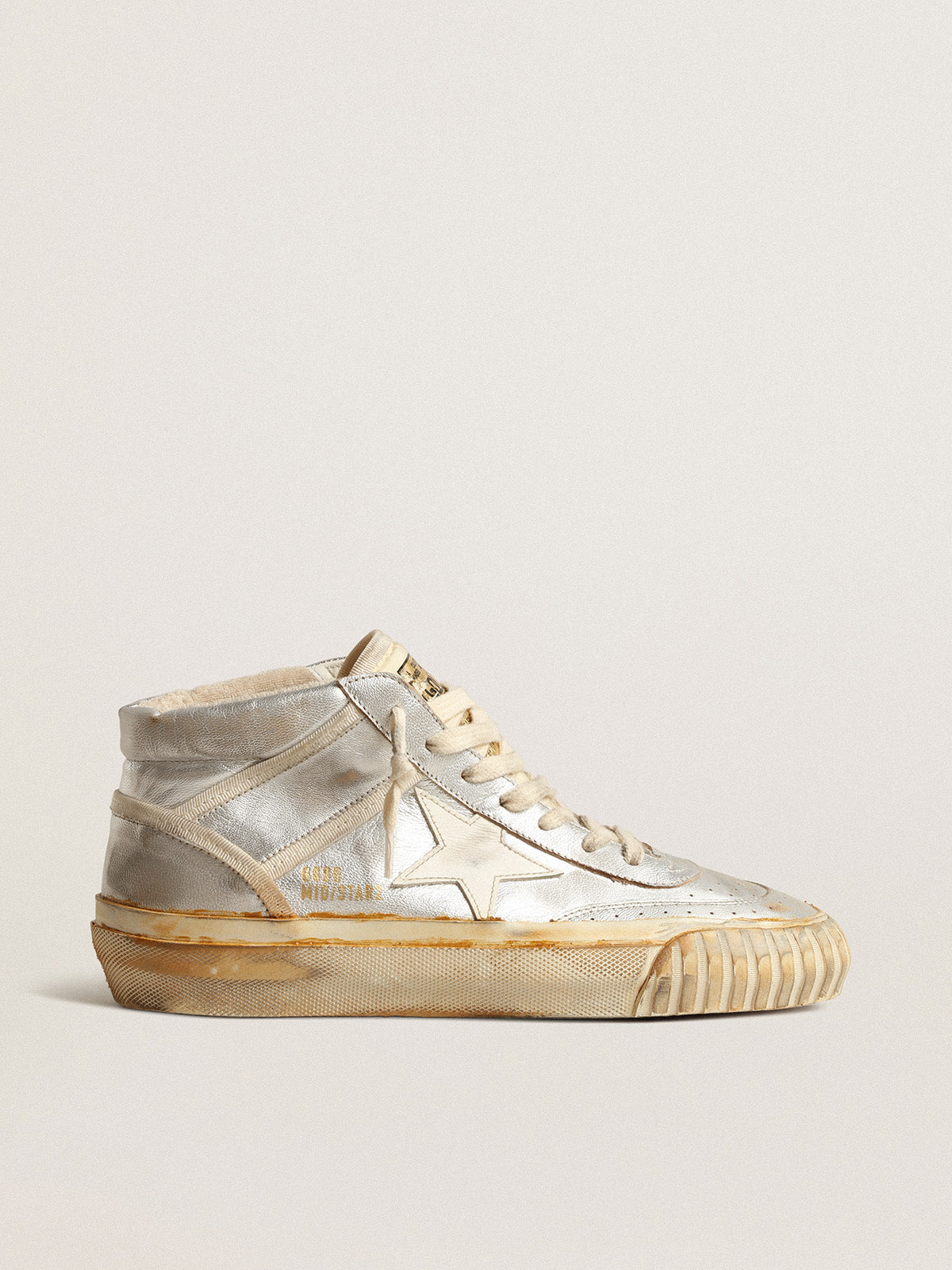 Women's Mid Star in silver metallic leather with ivory star| Golden Goose
