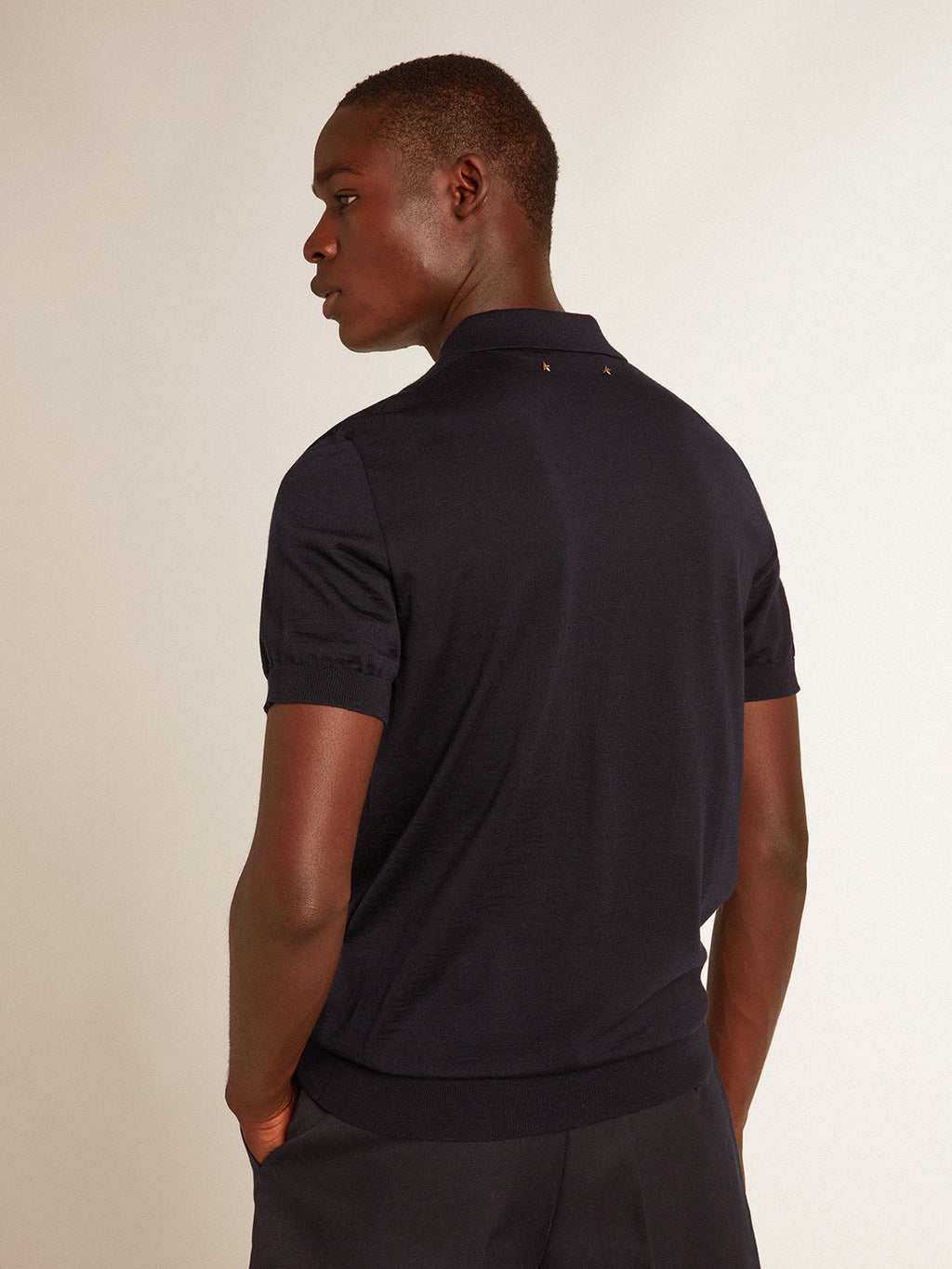 Men's short-sleeved polo shirt in navy-blue merino wool| Golden Goose