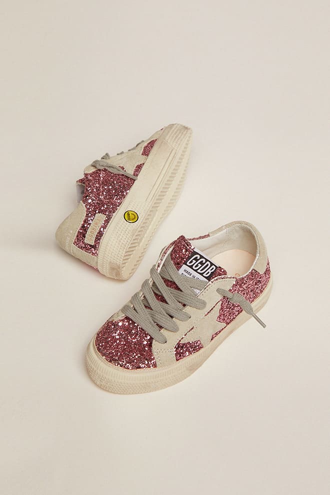 May sneakers in pink glitter with star and heel tab in ice-gray suede| Golden Goose