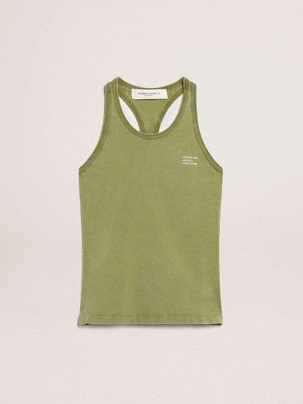 Pesto-green tank top with white lettering on the front| Golden Goose