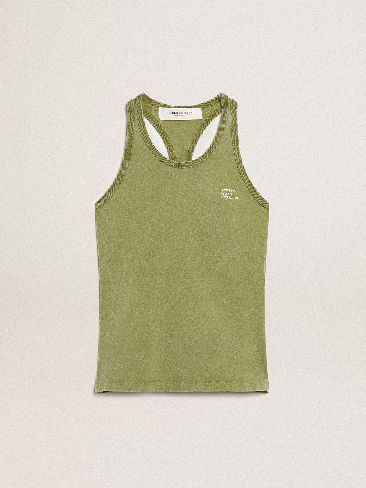 Pesto-green tank top with white lettering on the front| Golden Goose