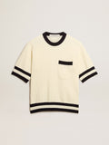 Men's short-sleeved sweater in vintage white with blue rib knit| Golden Goose