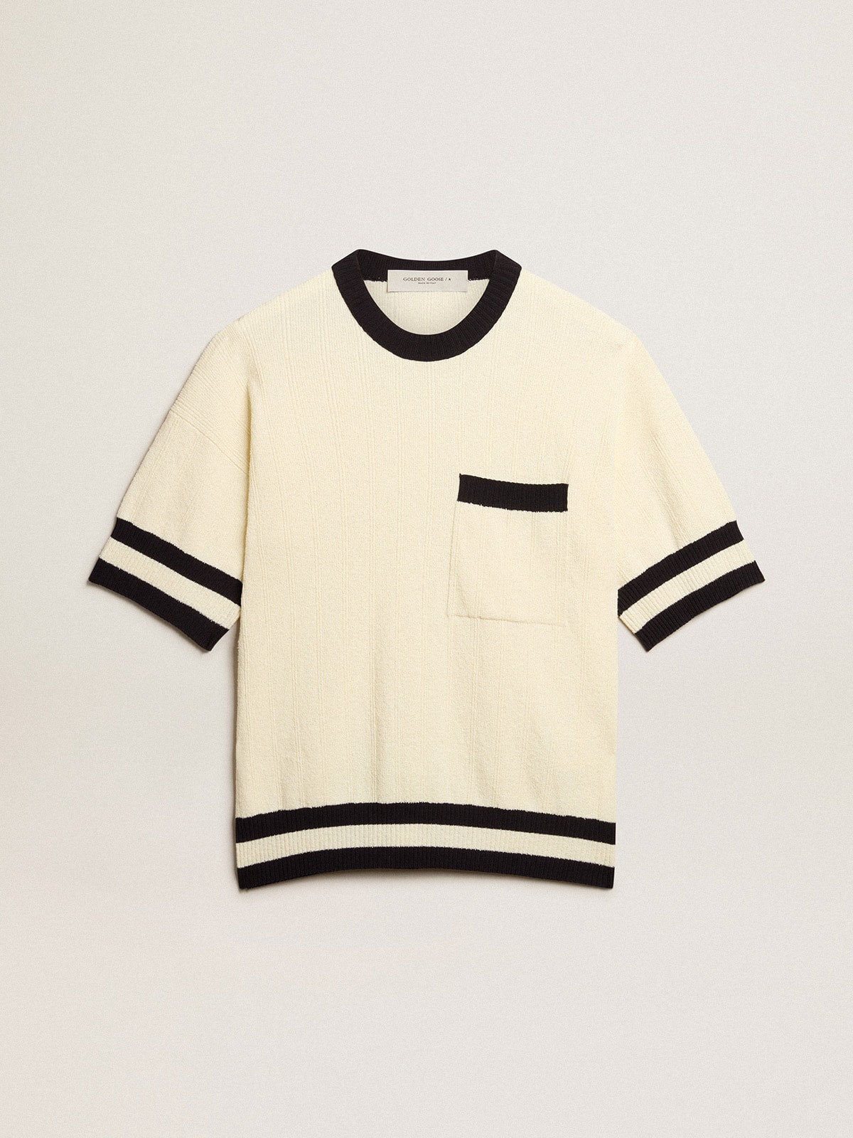 Men's short-sleeved sweater in vintage white with blue rib knit| Golden Goose