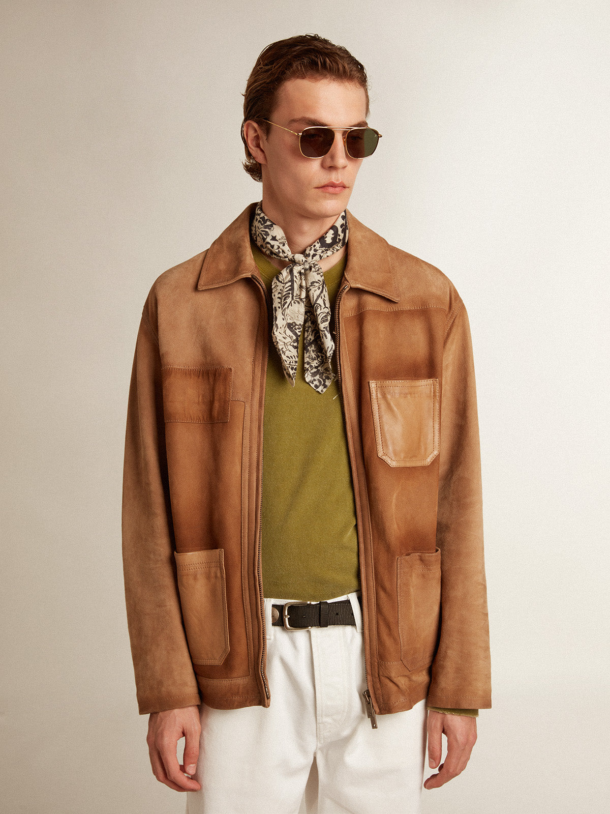 Sand-colored leather jacket with patches and zip fastening| Golden Goose