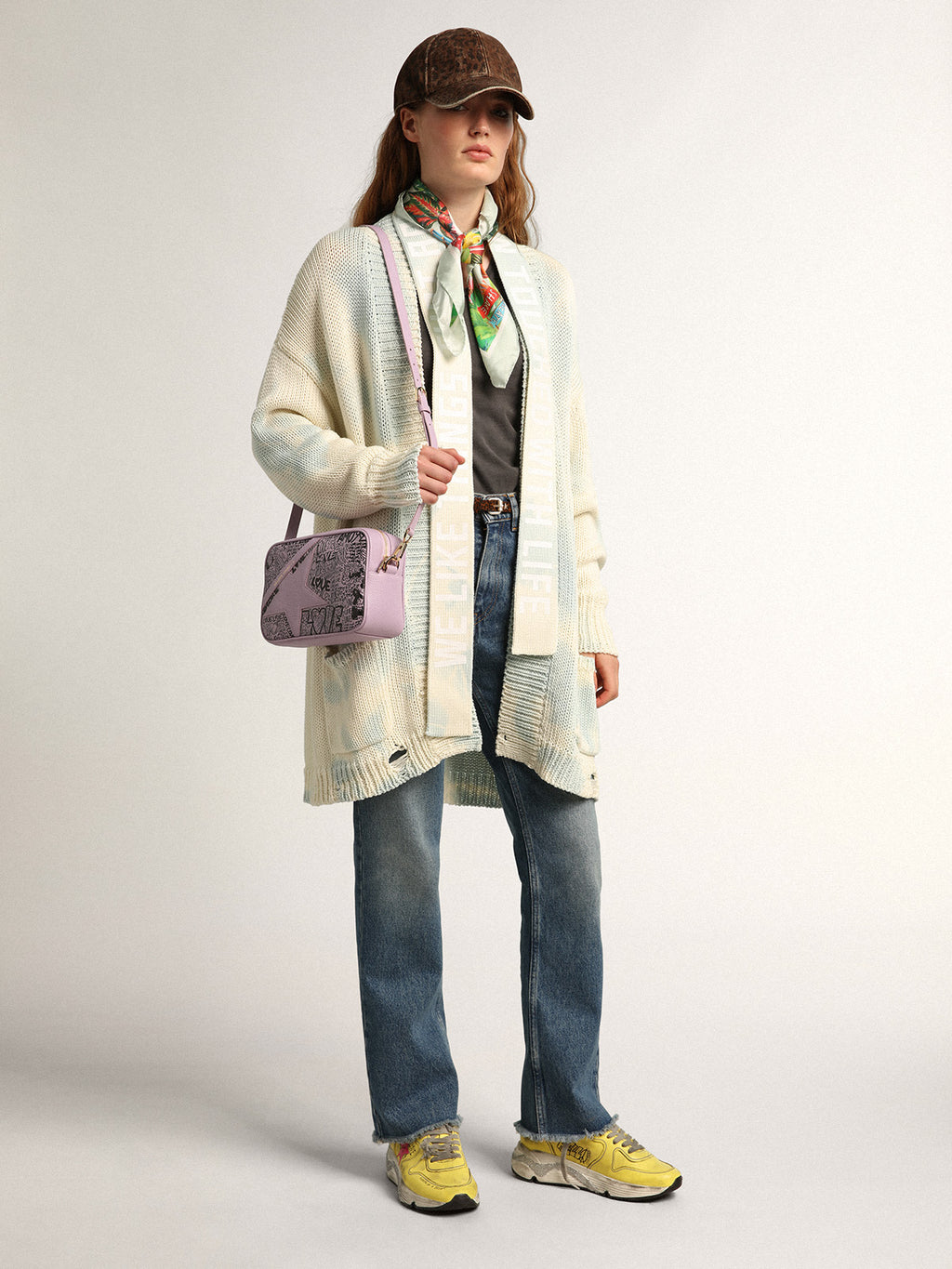 Lilac hammered leather Star Bag with tone-on-tone leather star and black all-over graffiti print| Golden Goose