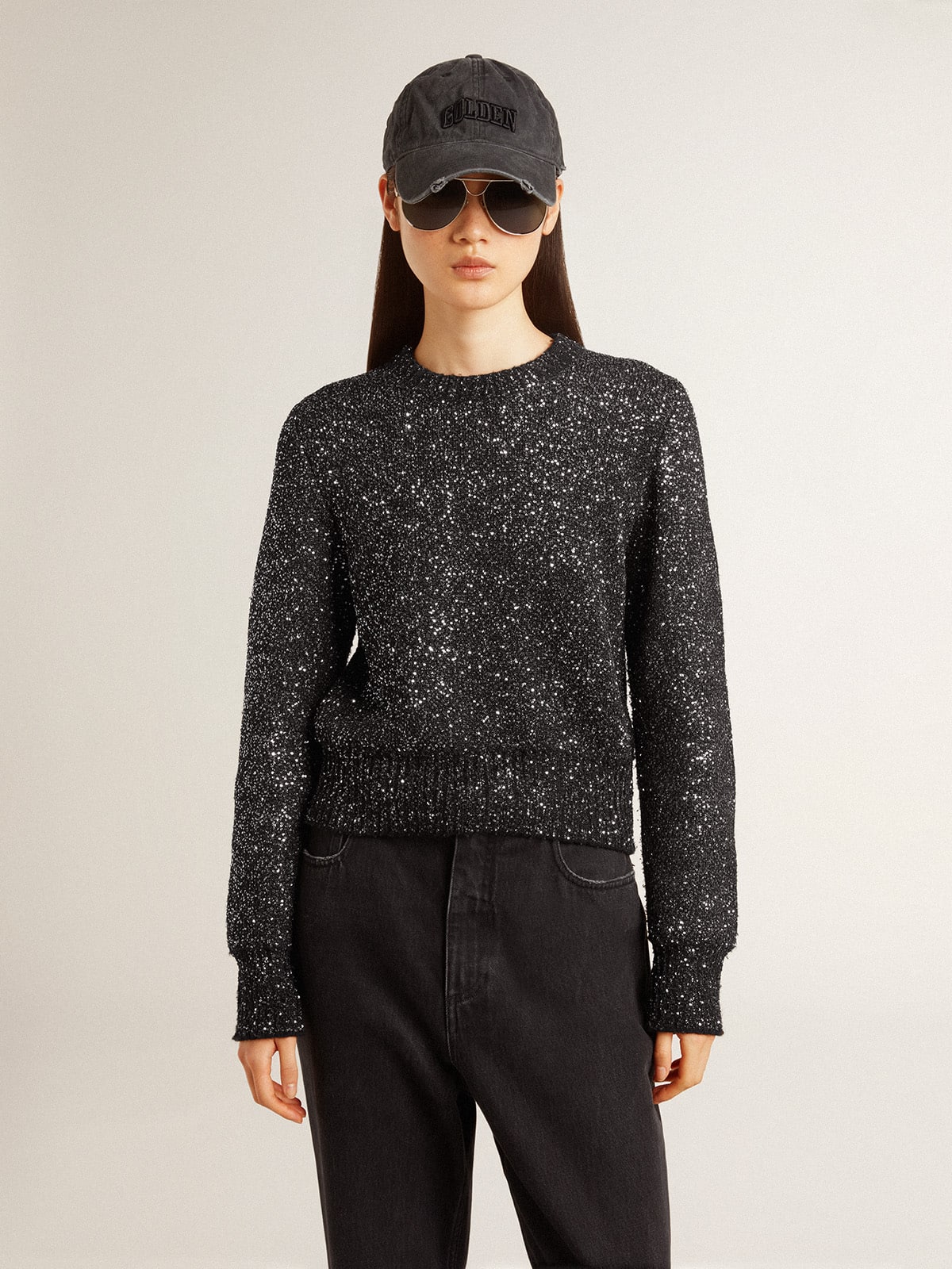 Women's black wool blend cropped sweater with all-over sequins| Golden Goose