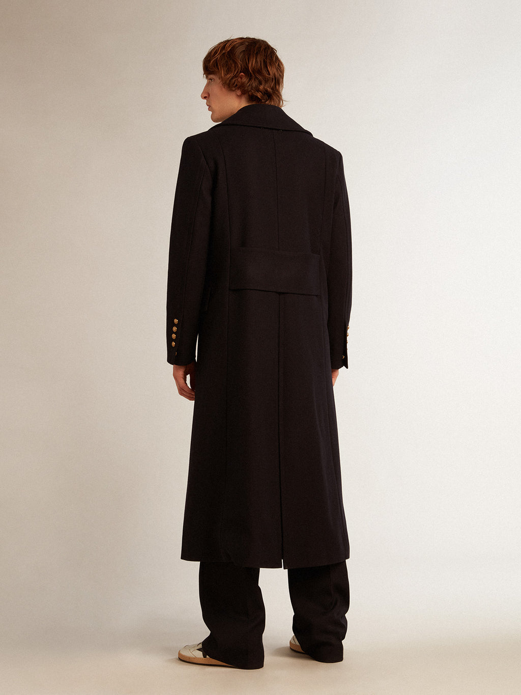 Men's double-breasted coat in blue wool with gold buttons| Golden Goose