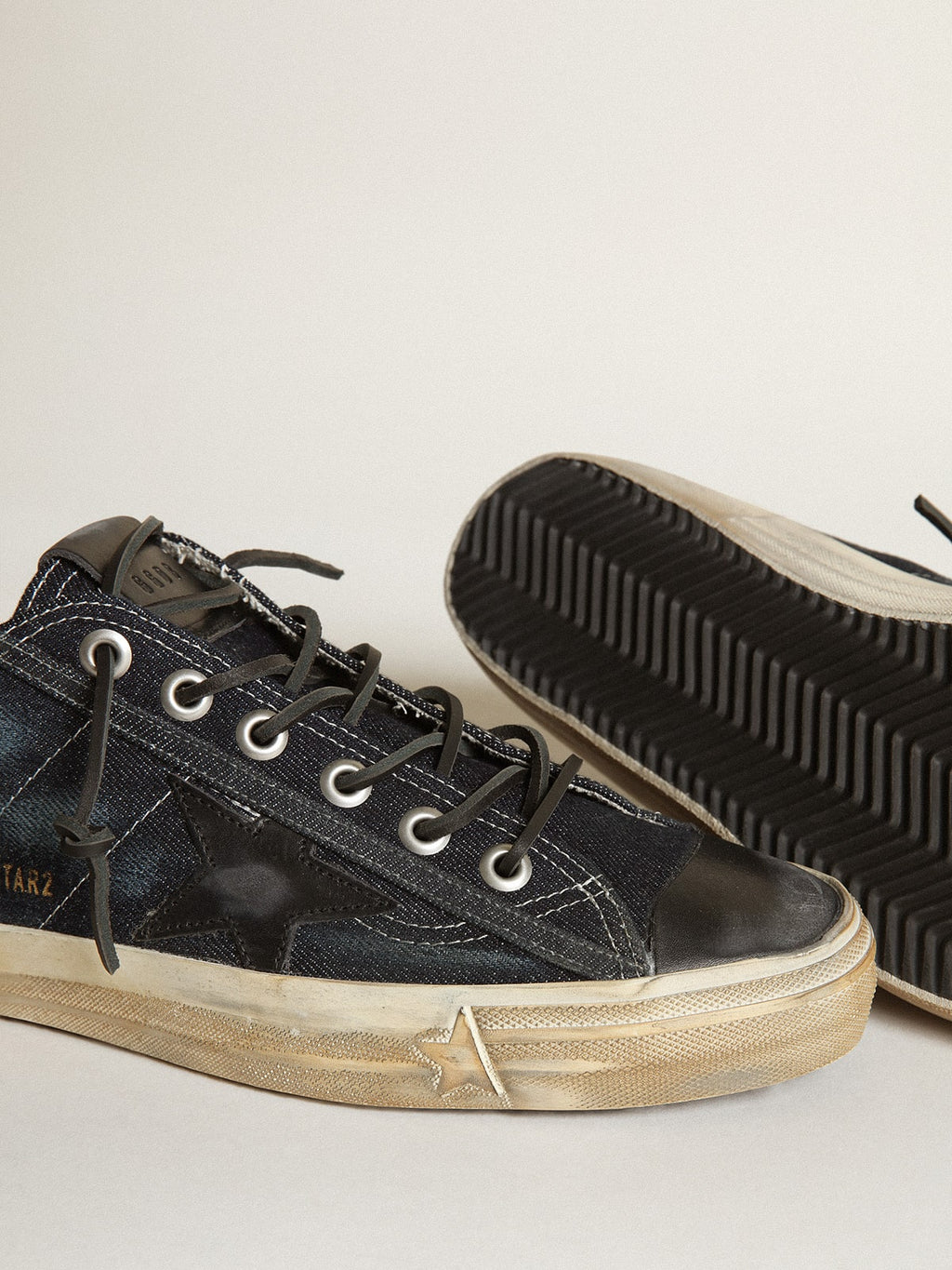 V-Star sneakers in midnight-blue denim with black leather star and toe| Golden Goose