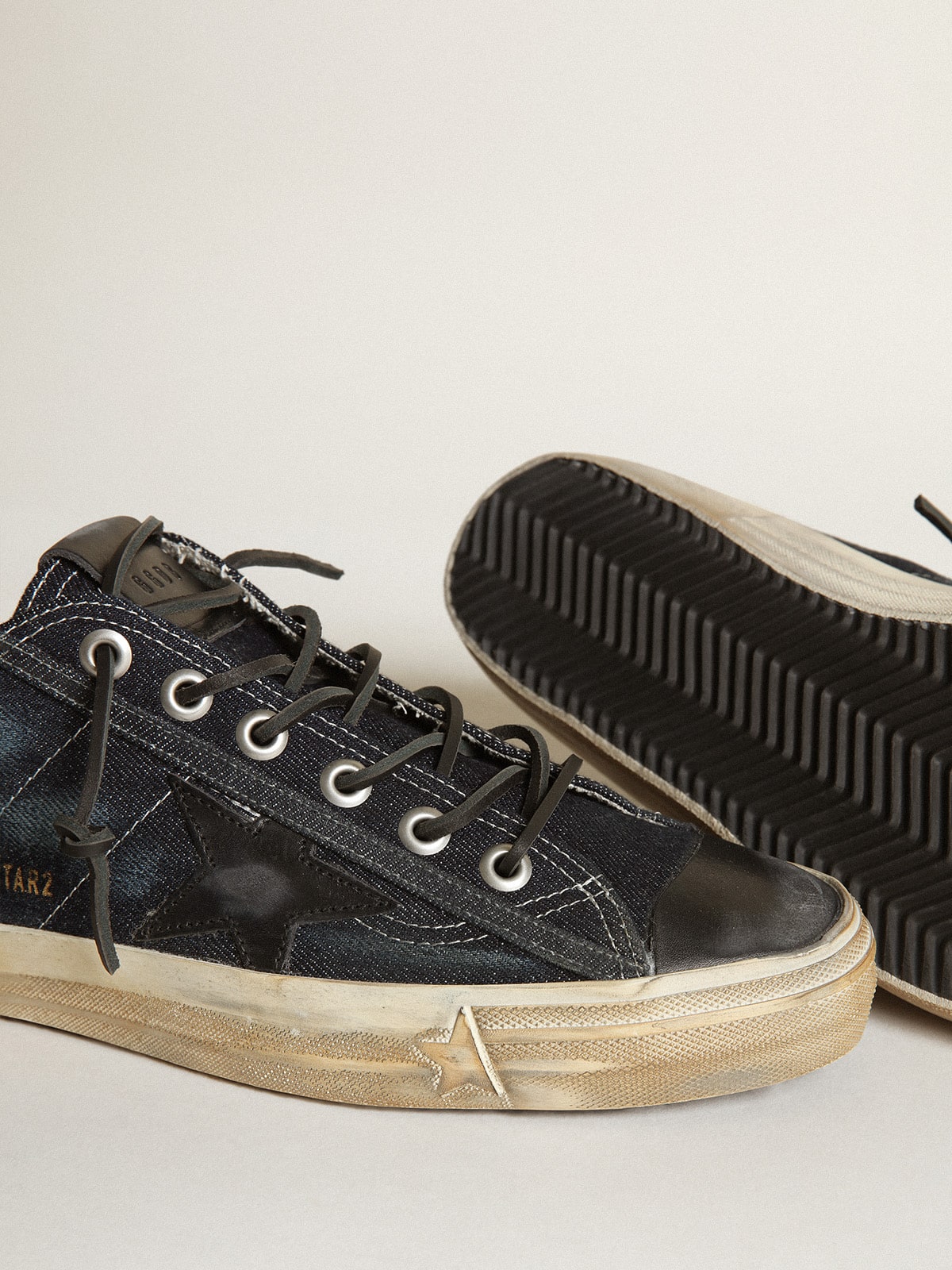 V-Star sneakers in midnight-blue denim with black leather star and toe| Golden Goose