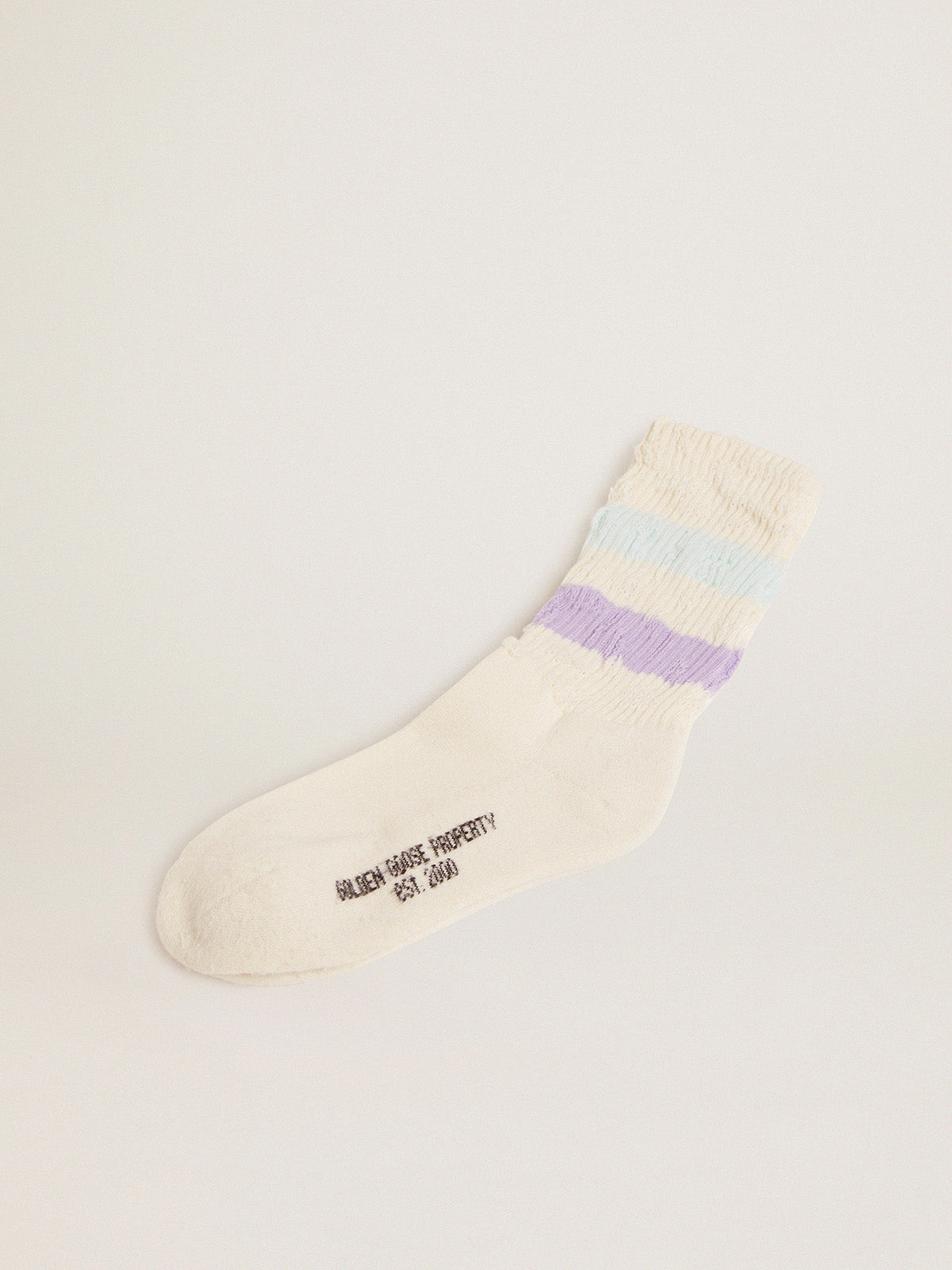 Distressed-finish white socks with lilac and baby blue stripes| Golden Goose
