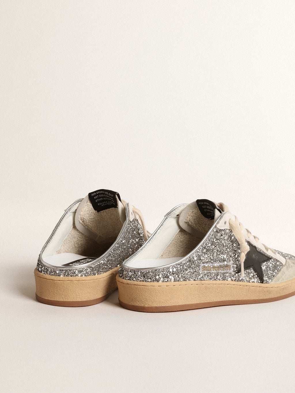 Ball Star Sabots in silver glitter with black leather star| Golden Goose