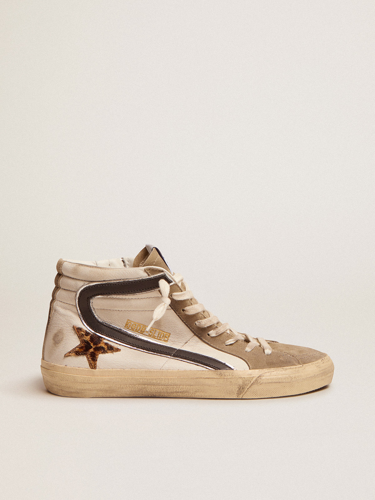 Men's Slide with leopard print pony skin star and black flash| Golden Goose