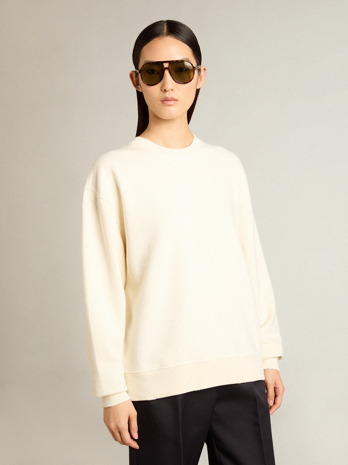 Sweatshirt in aged white with reverse logo on the back - Jersey Capsule| Golden Goose