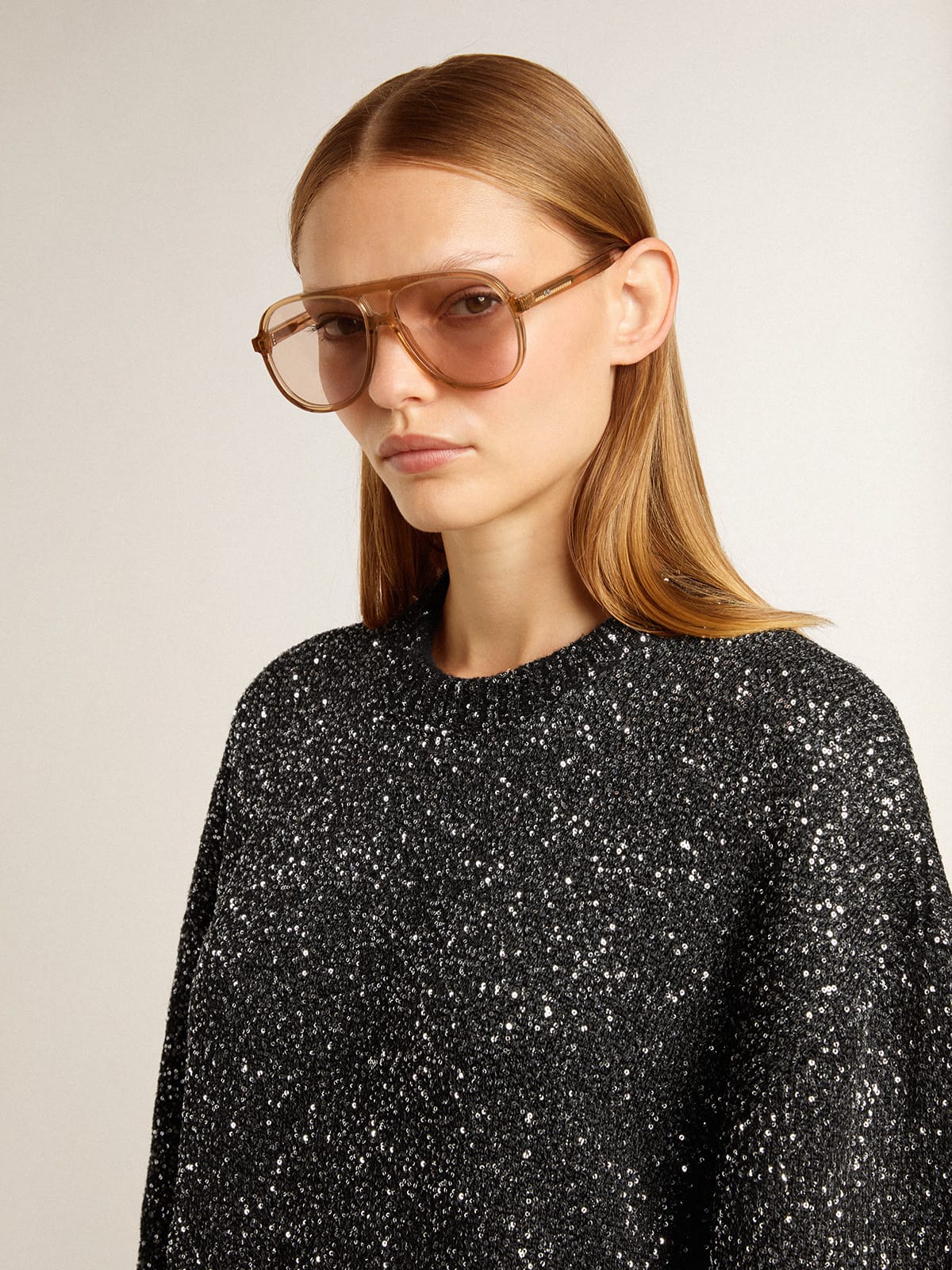 Women's black crew neck dress with all-over silver sequins| Golden Goose