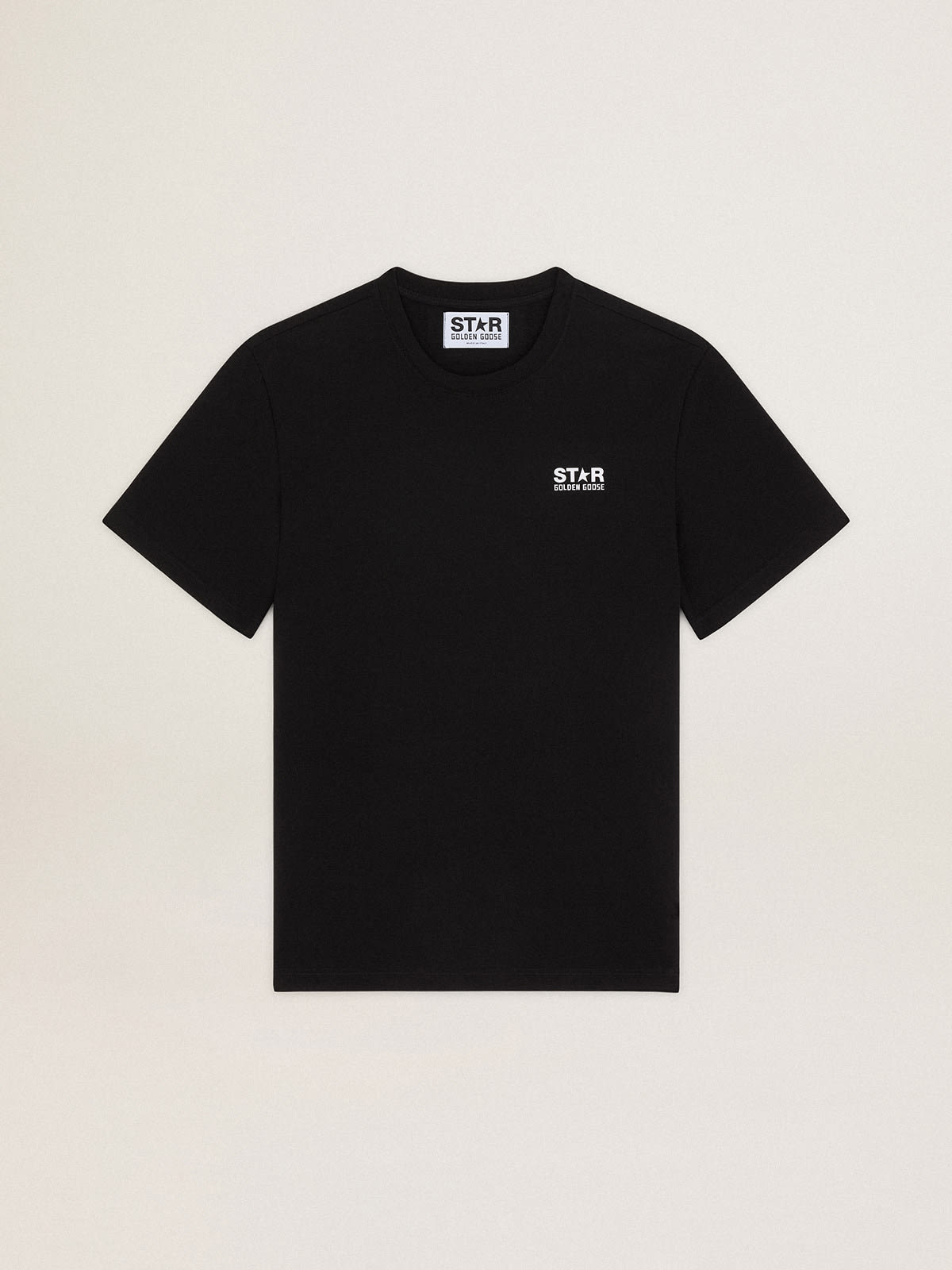 Men's black T-shirt with contrasting white logo and star| Golden Goose