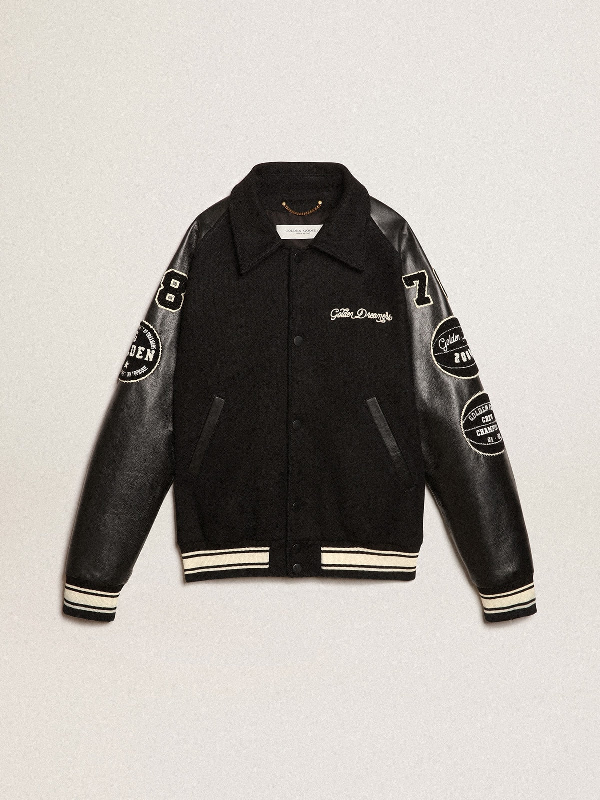 Black wool bomber jacket with patch| Golden Goose