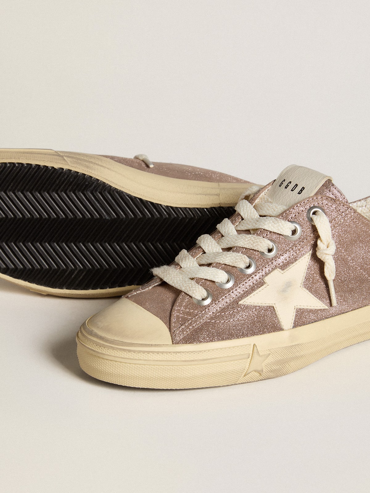 V-Star in light brown metallic suede with cream leather star| Golden Goose