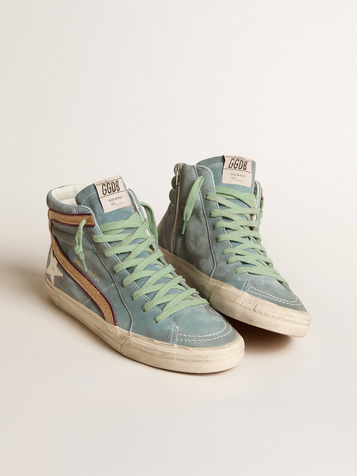 Light blue suede Slide LTD with white star and gold glitter flash| Golden Goose