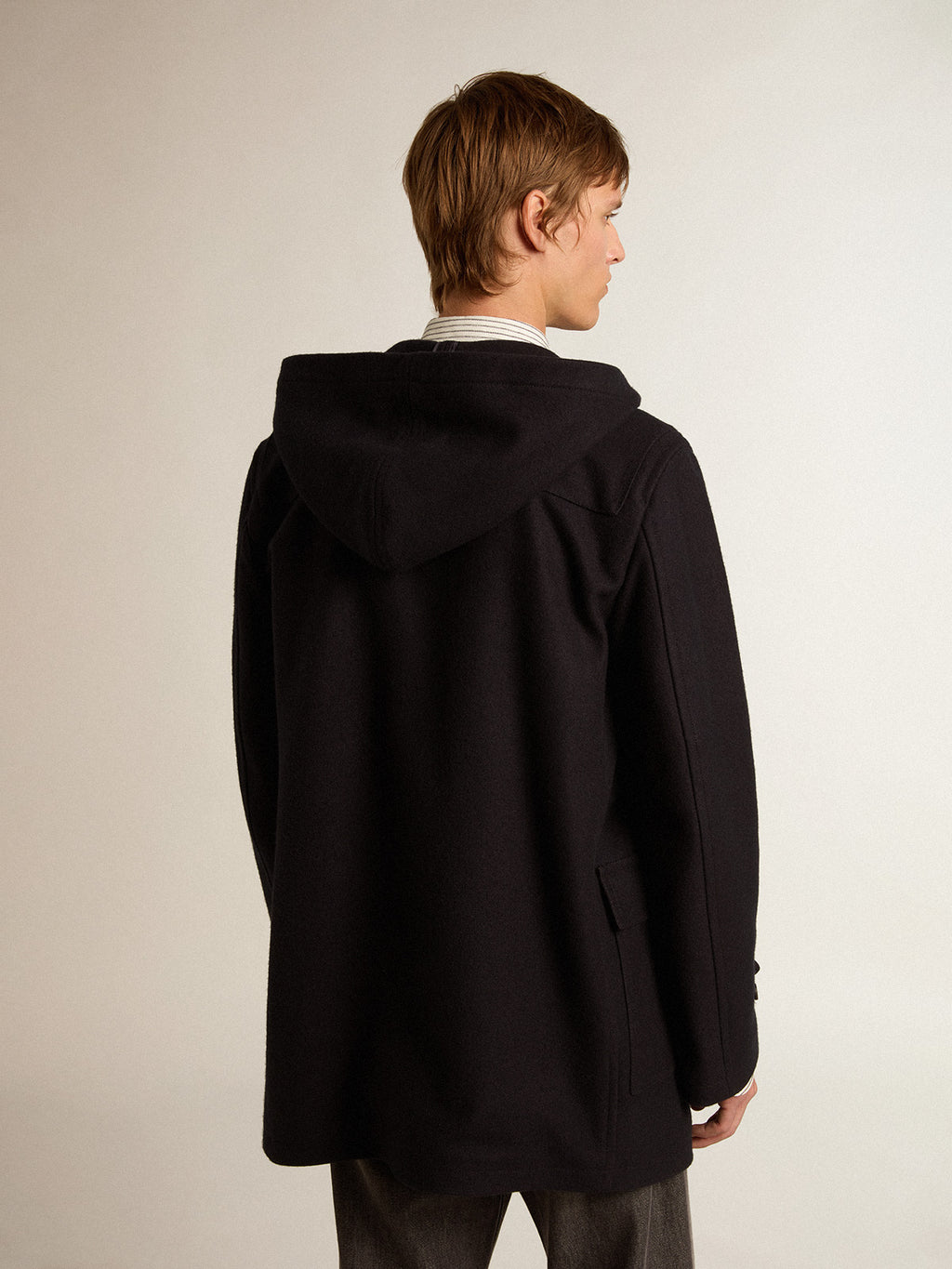 Dark blue wool duffle coat with hood and toggle fastening| Golden Goose