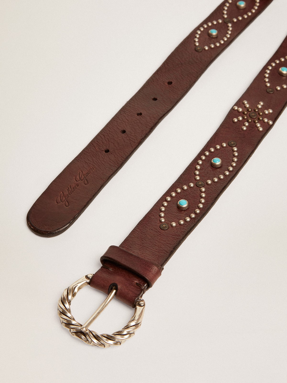 Women's belt in dark brown leather with colored studs| Golden Goose
