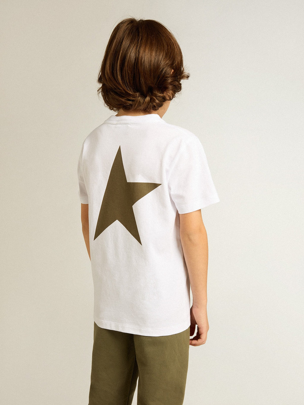 Boys' white T-shirt with contrasting dark green logo and star| Golden Goose
