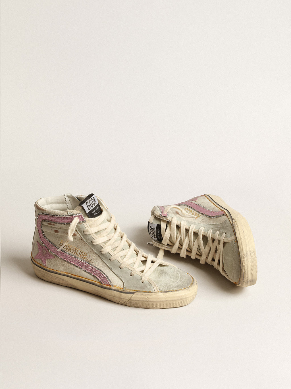 Slide LTD in beige with pink metallic leather star and flash| Golden Goose