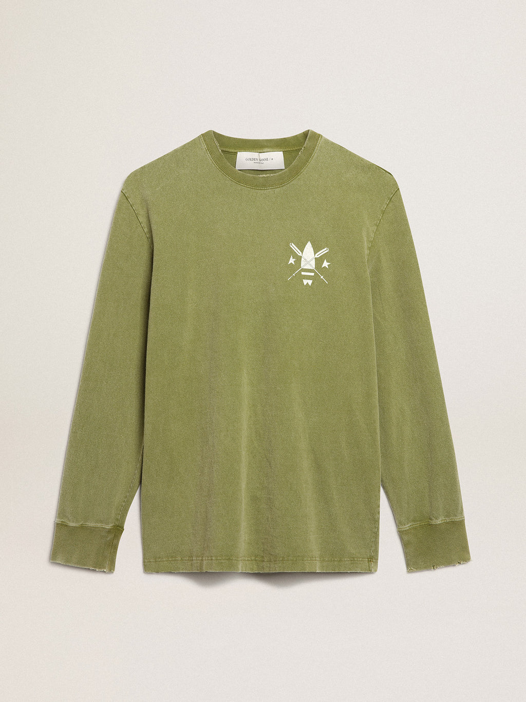 Pesto-green T-shirt with white logo on the front and back| Golden Goose