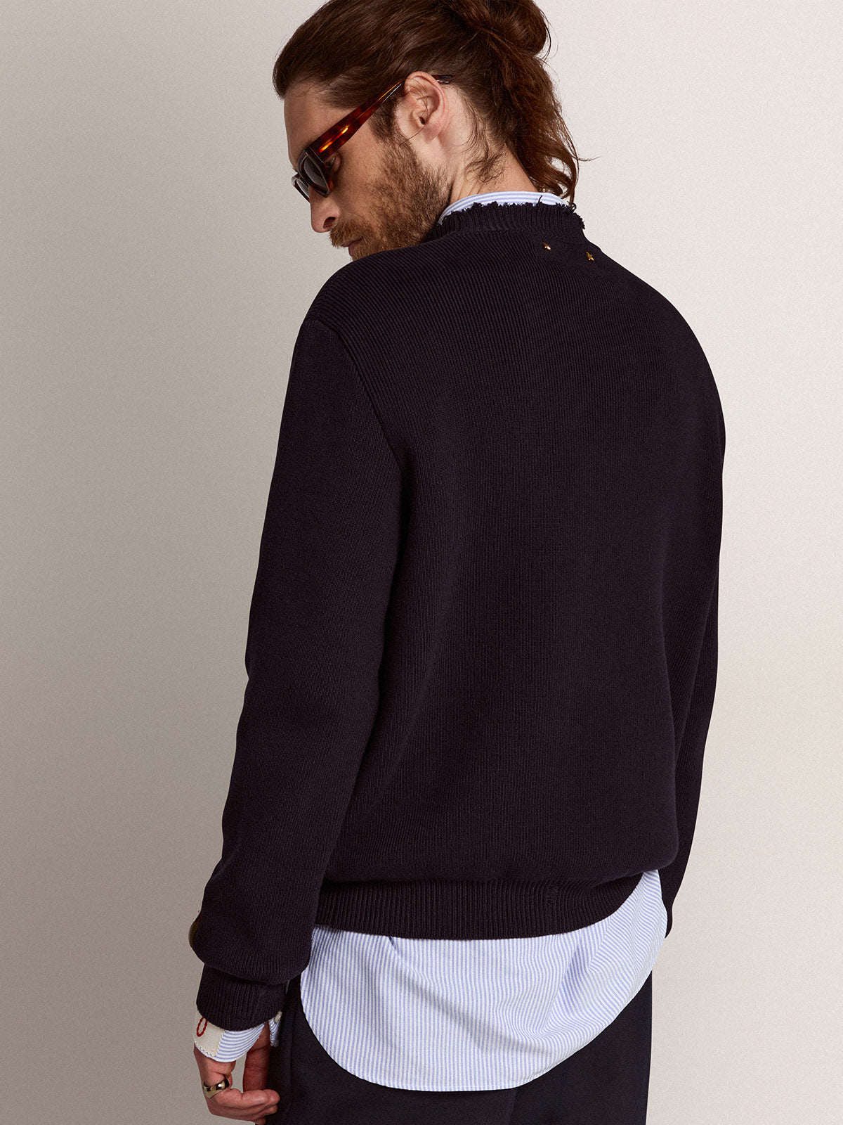 Men's round-neck sweater in dark blue cotton| Golden Goose