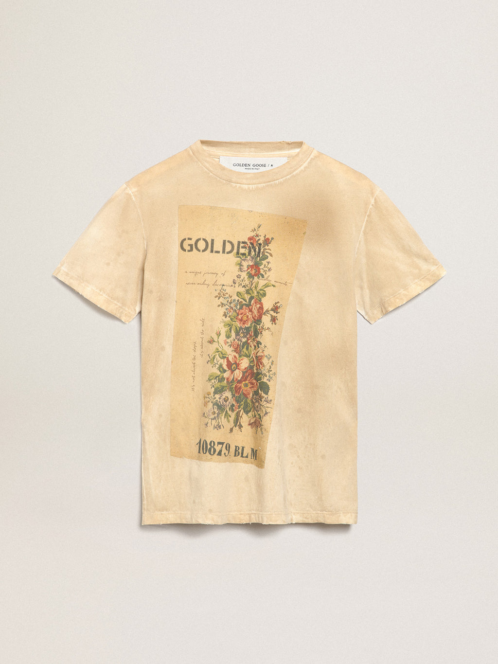 Women's bone white T-shirt with floral print| Golden Goose