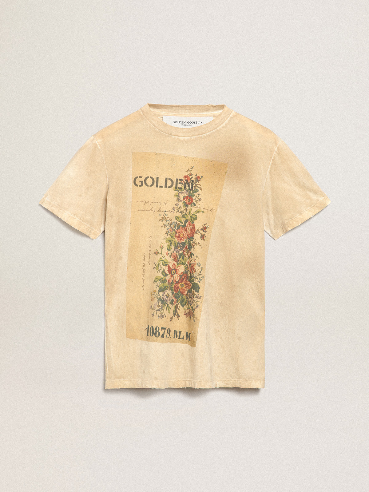 Women's bone white T-shirt with floral print| Golden Goose