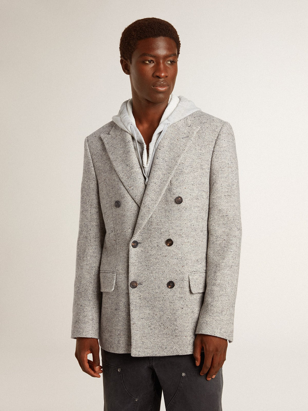 Men's double-breasted jacket in gray silk and chevron wool| Golden Goose