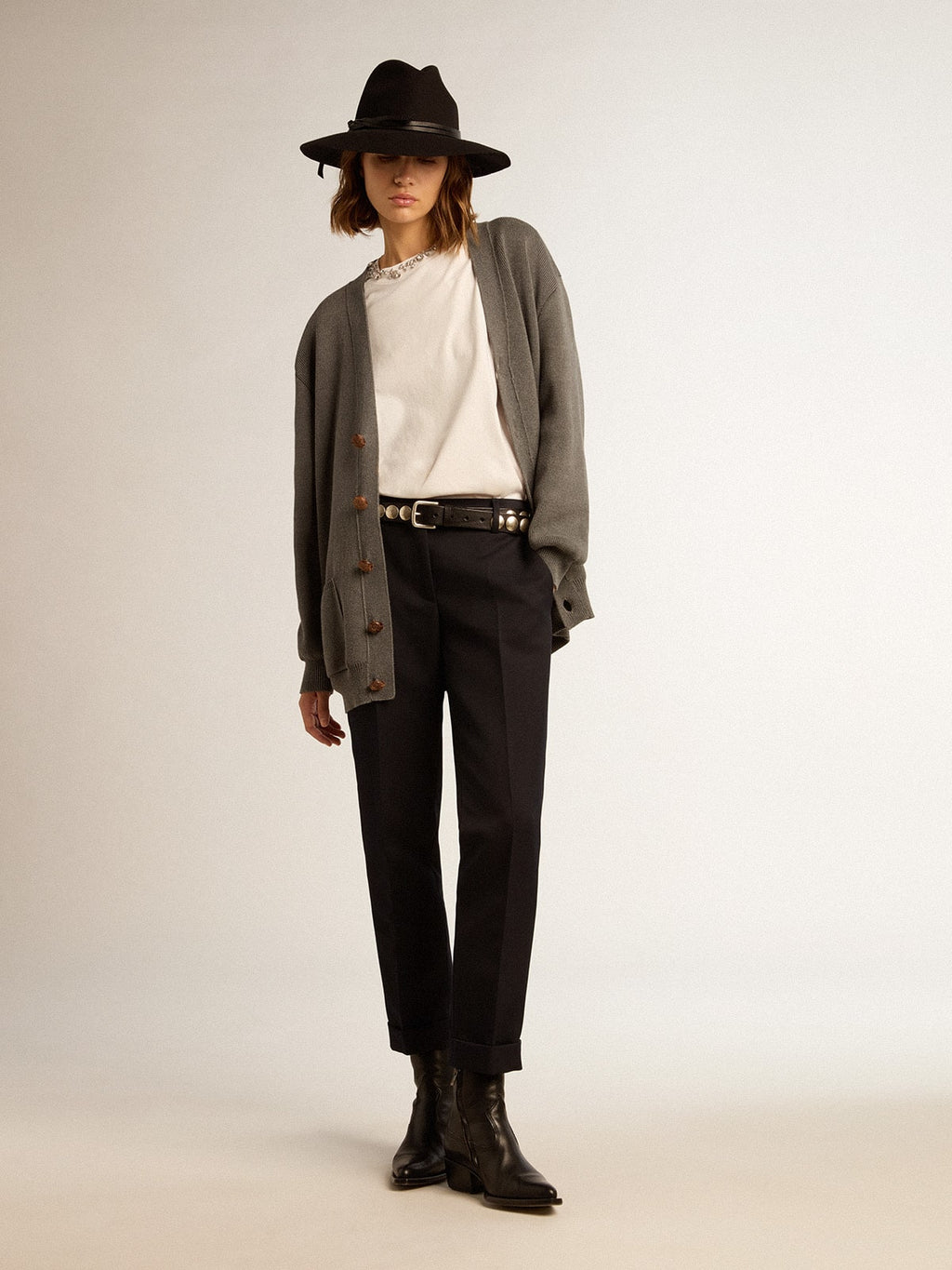 Women's grey cotton cardigan with buttons| Golden Goose