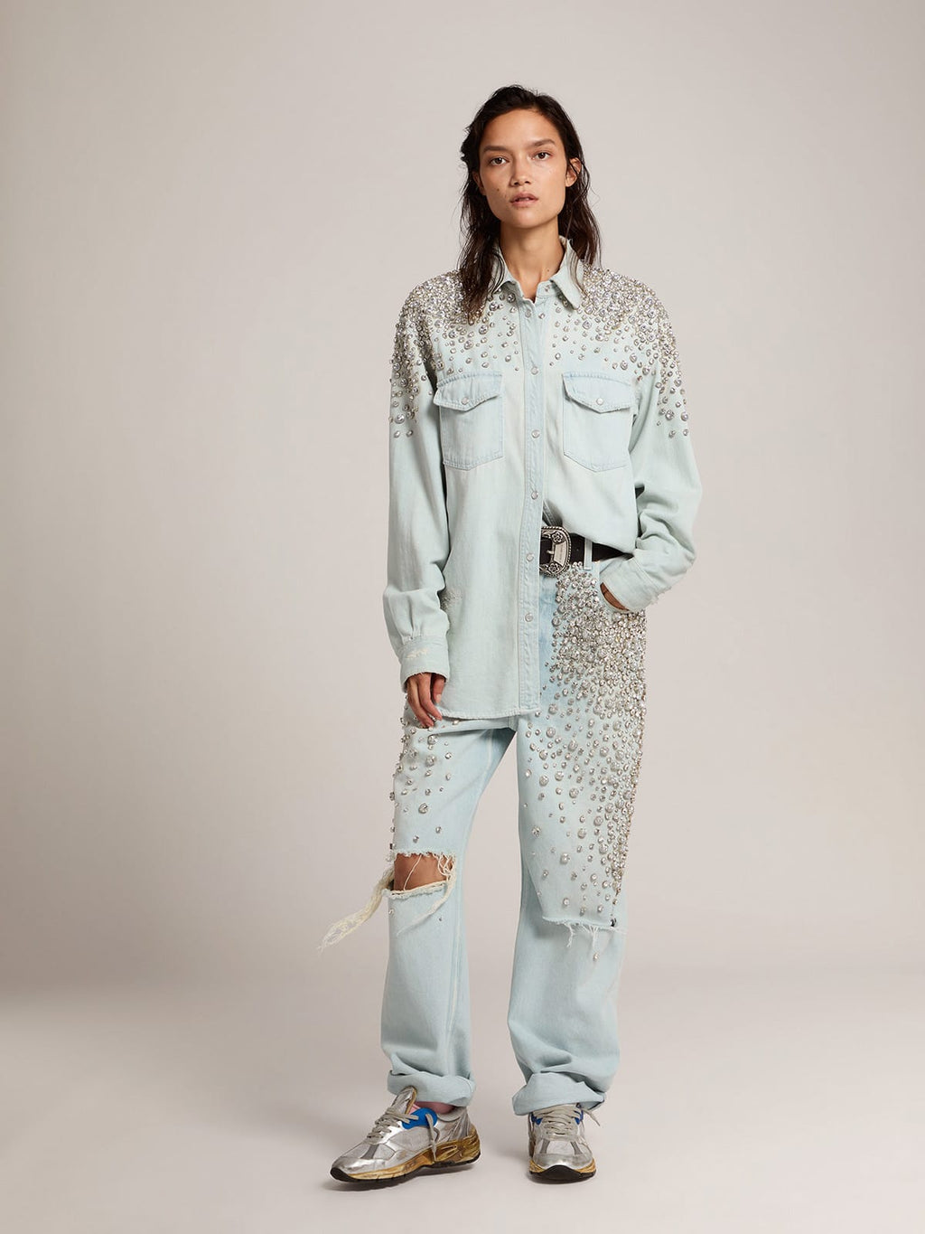 Women's bleached boyfriend shirt with cabochon crystals| Golden Goose