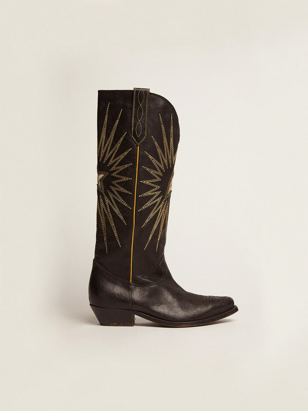 Wish Star boots in black leather with platinum laminated leather inlay star| Golden Goose