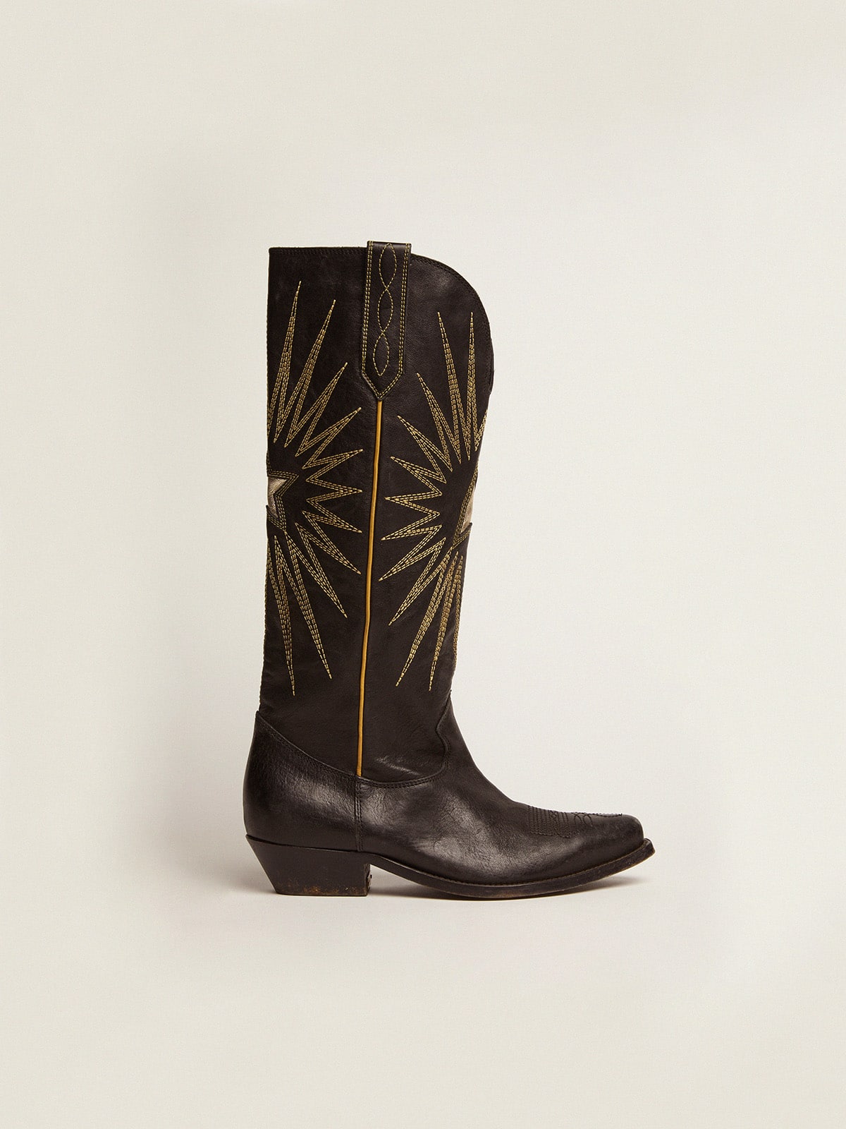 Wish Star boots in black leather with platinum laminated leather inlay star| Golden Goose