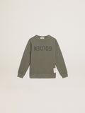 Distressed olive-green sweatshirt with Golden lettering on the front| Golden Goose
