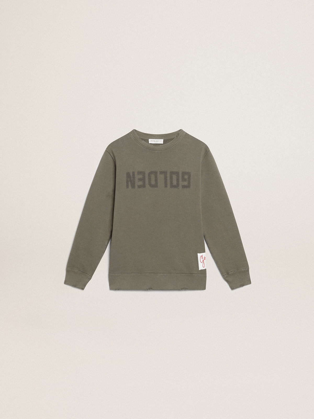 Distressed olive-green sweatshirt with Golden lettering on the front| Golden Goose