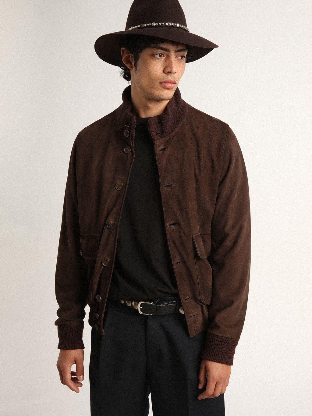 Golden Collection flight jacket in dark brown suede| Golden Goose