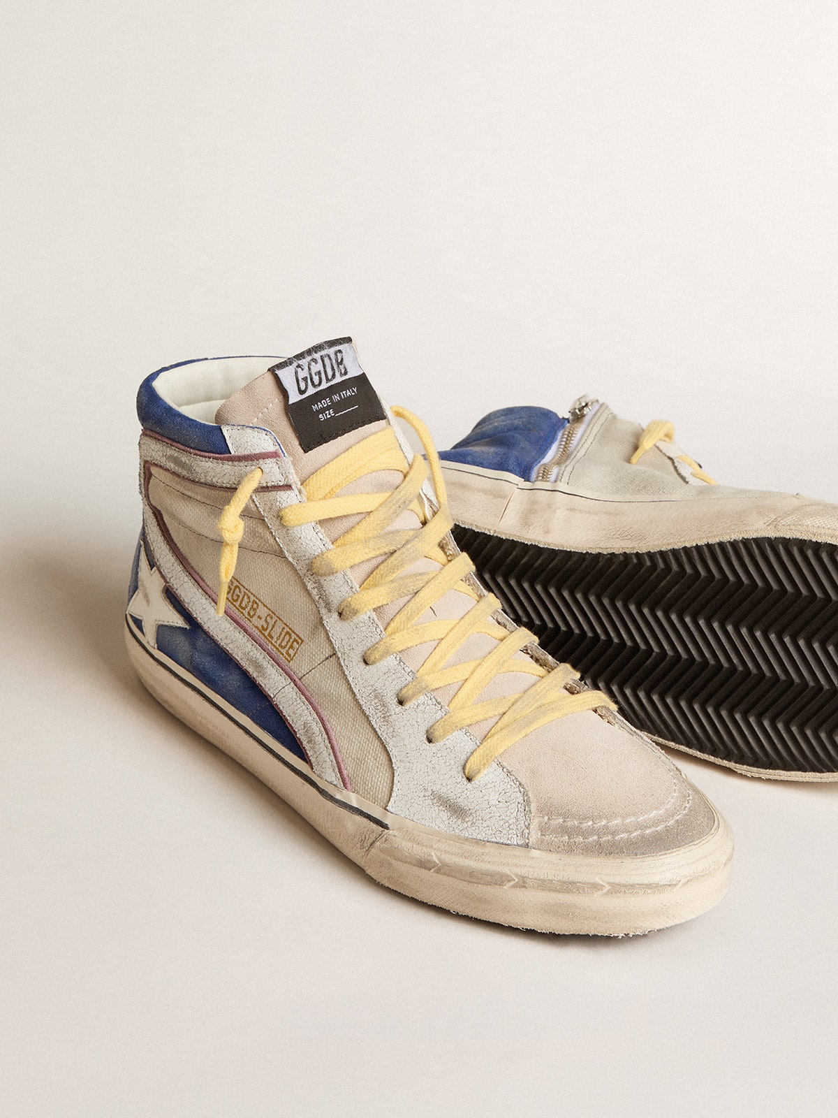 Slide in pearl canvas and blue suede with white leather star and flash| Golden Goose