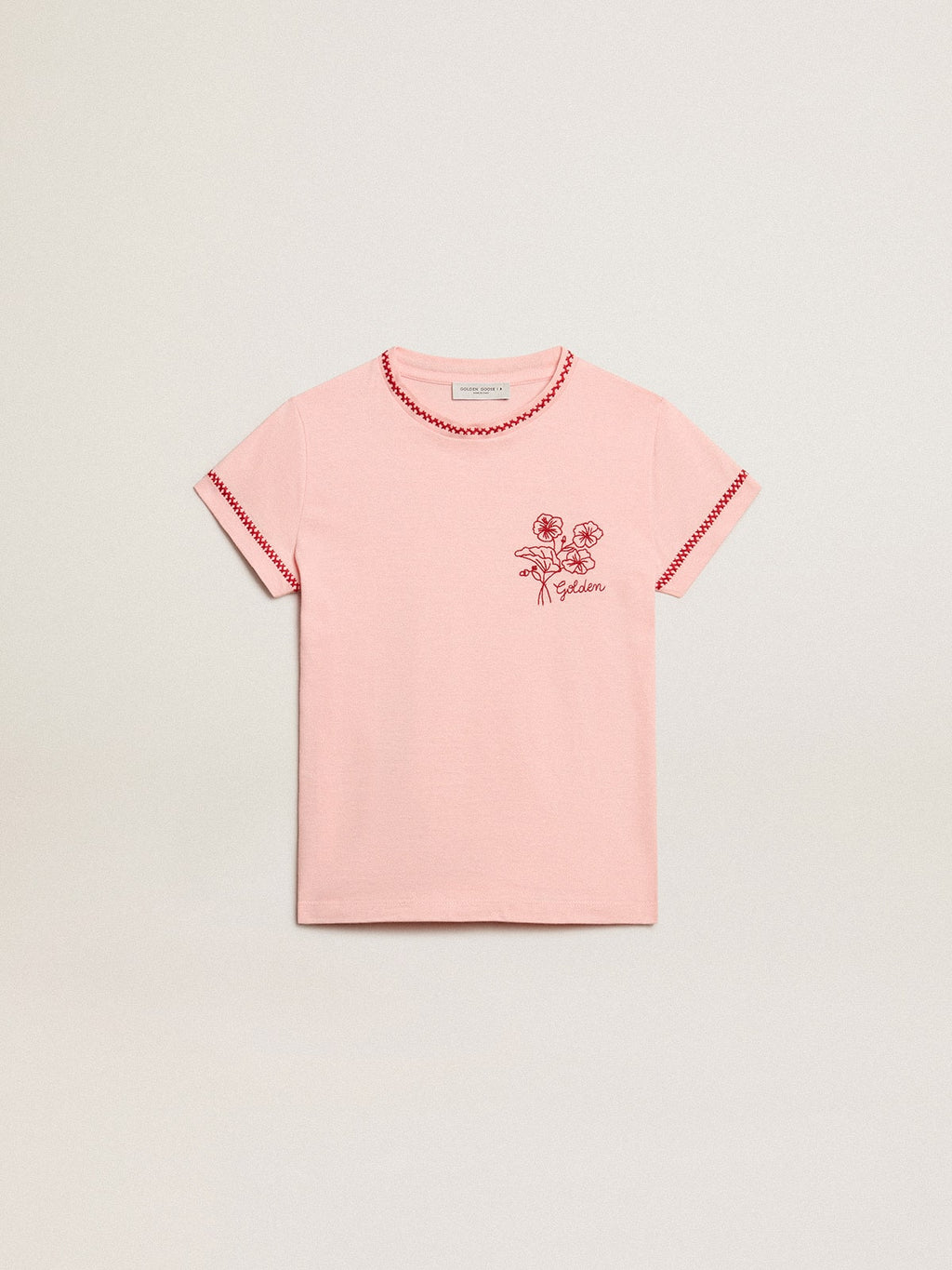 Pink T-shirt with red trim and embroidered flower on the heart| Golden Goose